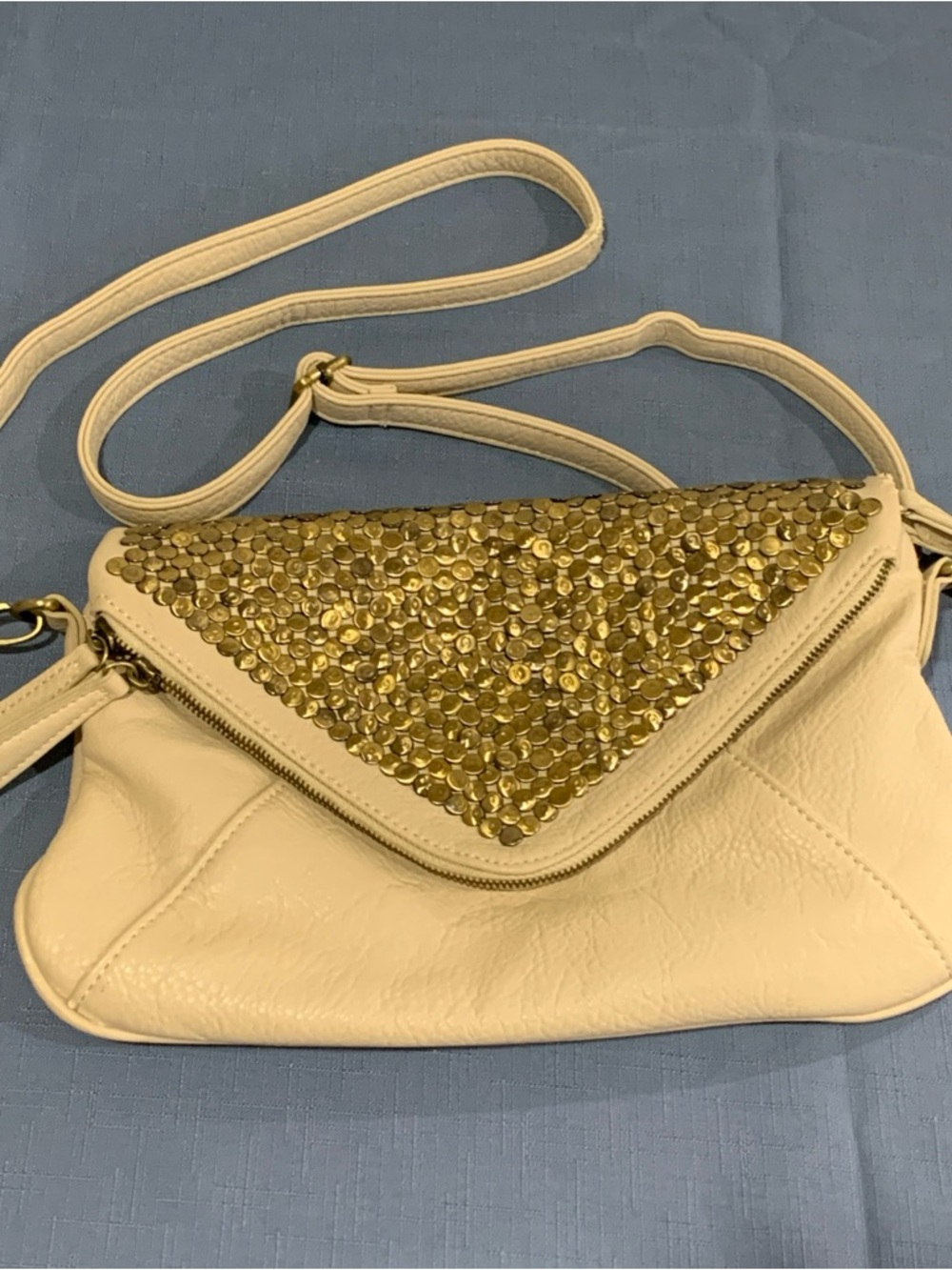 “KIMCHI BLUE” (beige/ metallic) Crossbody clutch/purse, Flap, Zipper compartment
